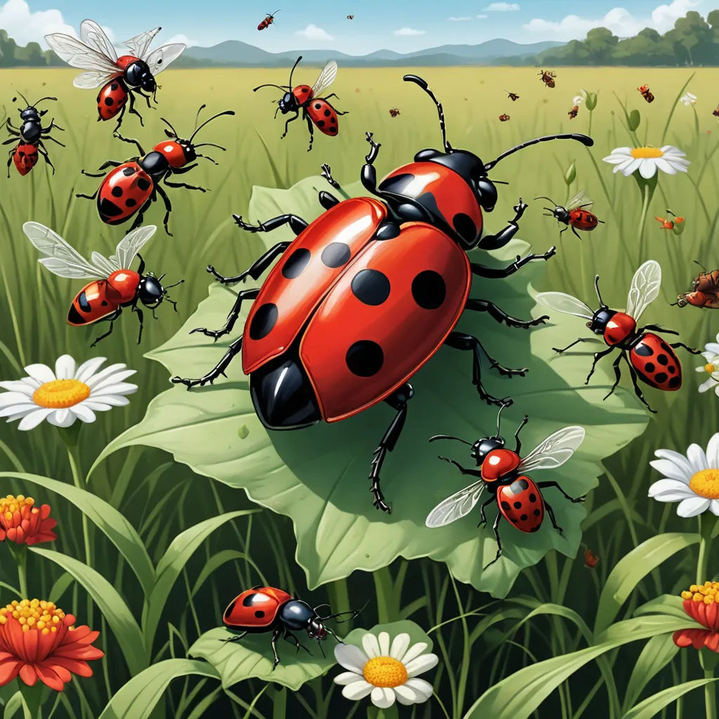a group of ladybugs on a leaf in a field of flowers and daisies with a blue sky in the background, ecological art, a storybook illustration, Chris LaBrooy, detailed illustration