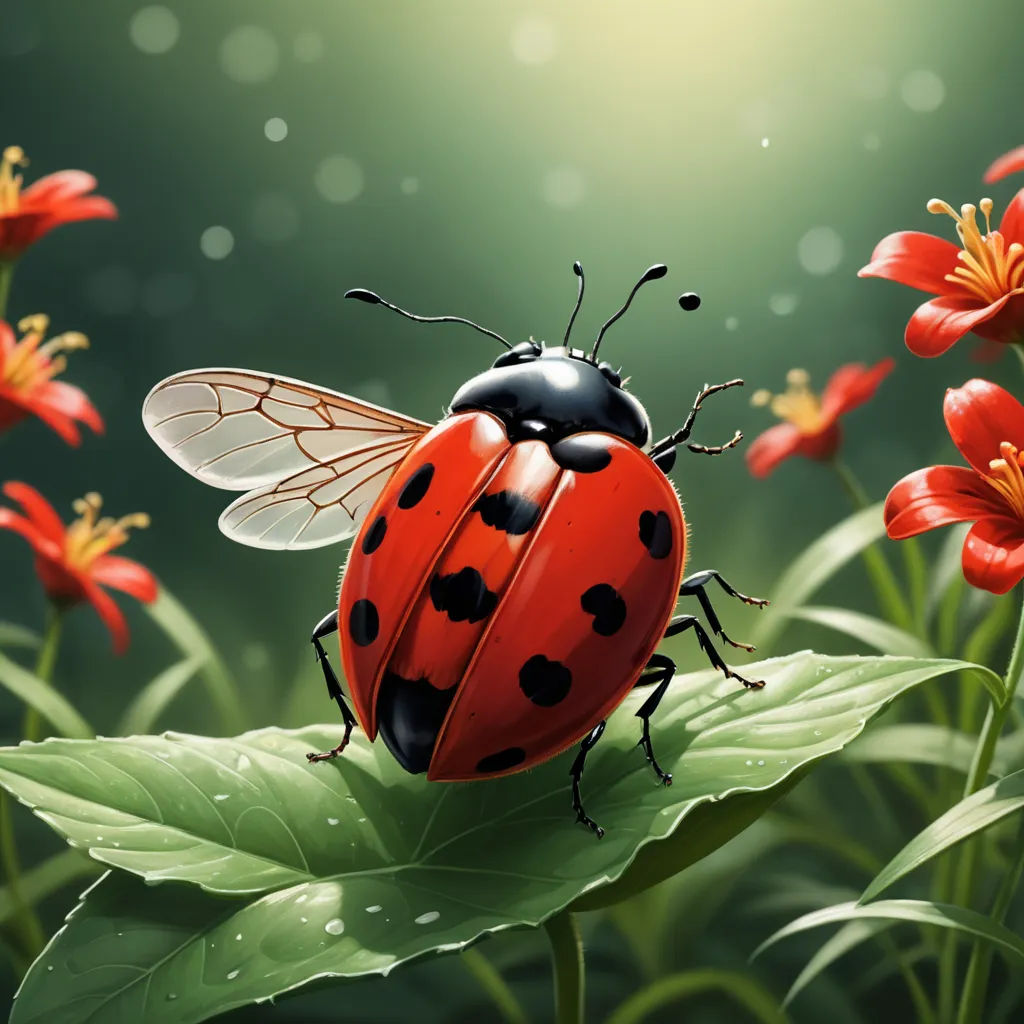 a lady bug sitting on top of a green leaf next to red flowers and a green background with a light, photorealism, a photorealistic painting, Chris LaBrooy, highly detailed digital painting