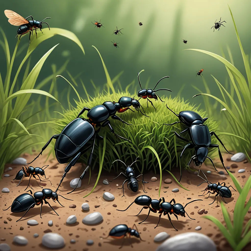 a group of bugs standing on top of a grass covered field next to a pile of dirt and grass, incoherents, an illustration of, Craola, detailed illustration