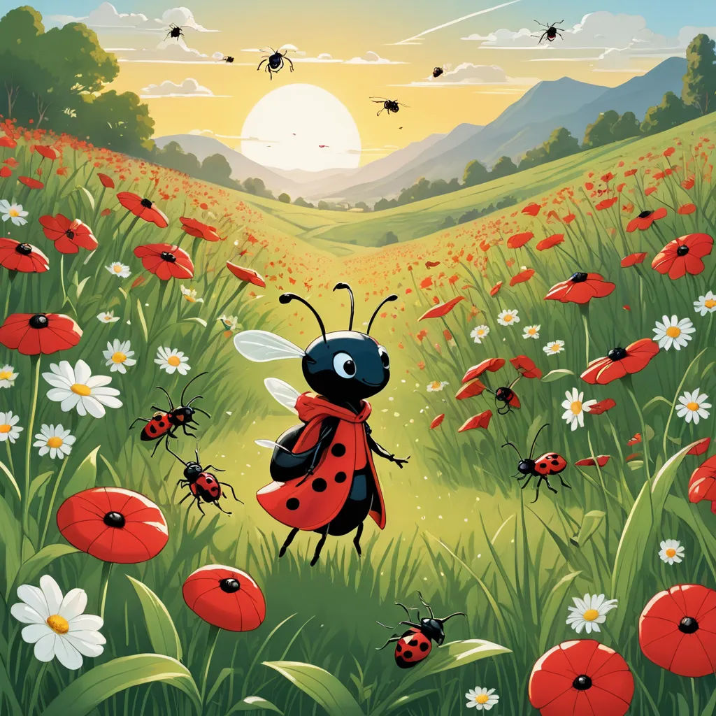 a lady bug is standing in a field of flowers and daisies with a sun in the background and a few other bugs flying around, serial art, a storybook illustration, David Martin, storybook illustration