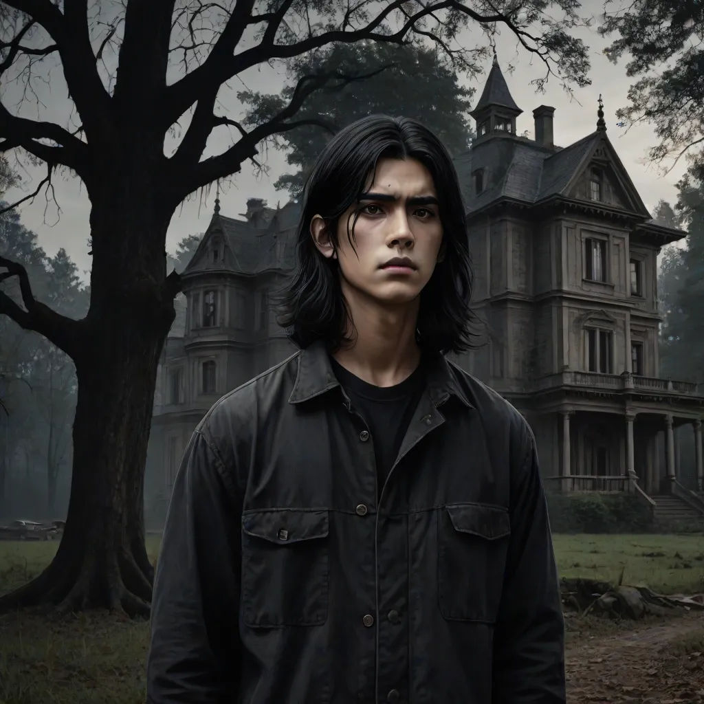 a man standing in front of a creepy house with a creepy look on his face and a creepy tree, a character portrait, Everett Warner, gothic art, promotional image