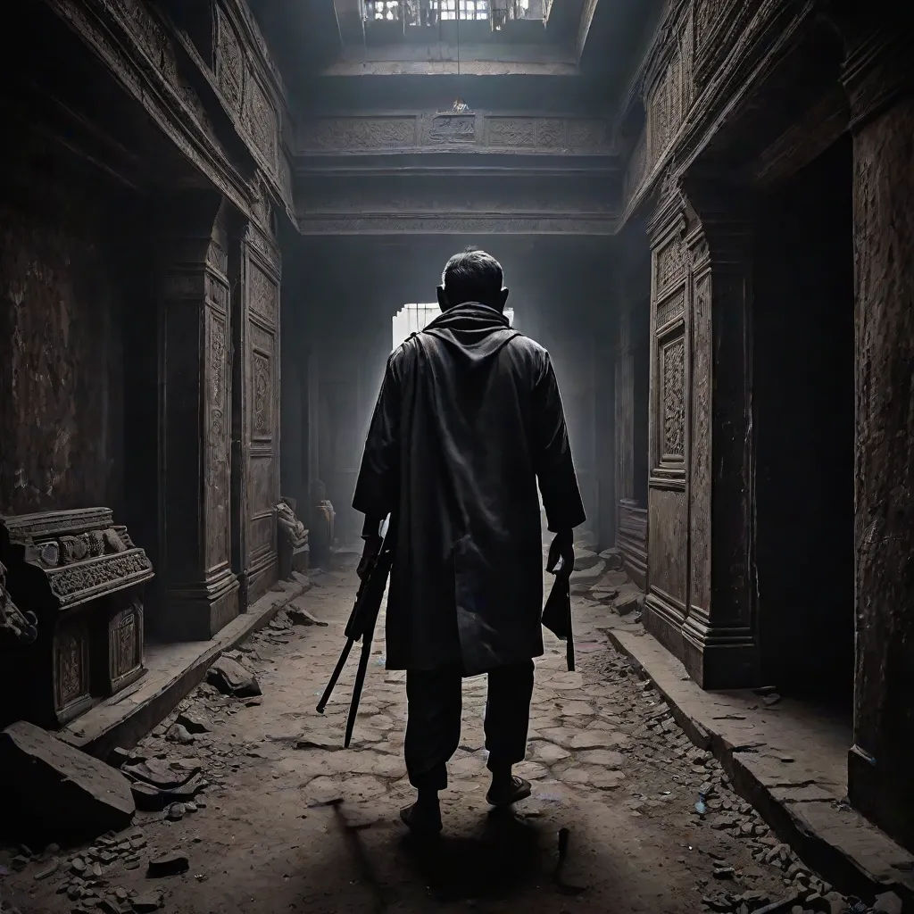 a man with a gun walking down a dark alley way in a building with a skylight above him, a detailed matte painting, Eddie Mendoza, photorealism, cinematic photography