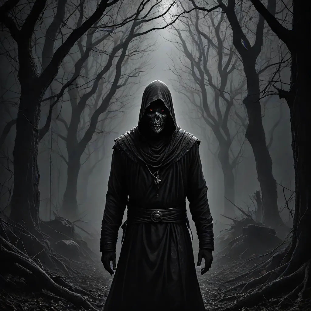 a man in a hooded outfit standing in a dark forest with a full moon behind him and a full moon behind him, a character portrait, Dirk Crabeth, gothic art, dark art