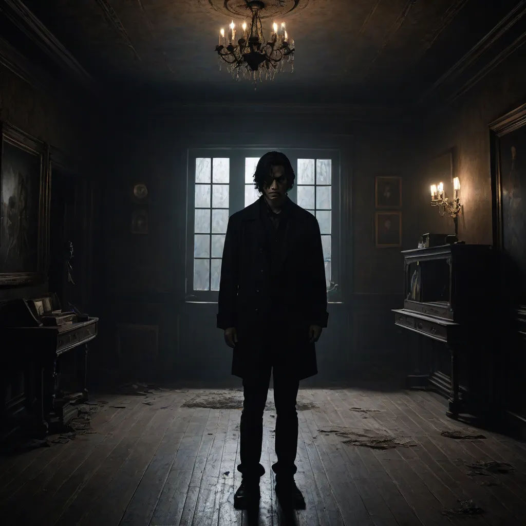 a man standing in a dark room with a chandelier hanging from the ceiling and a piano in the corner, a character portrait, Eddie Mendoza, gothic art, promotional image