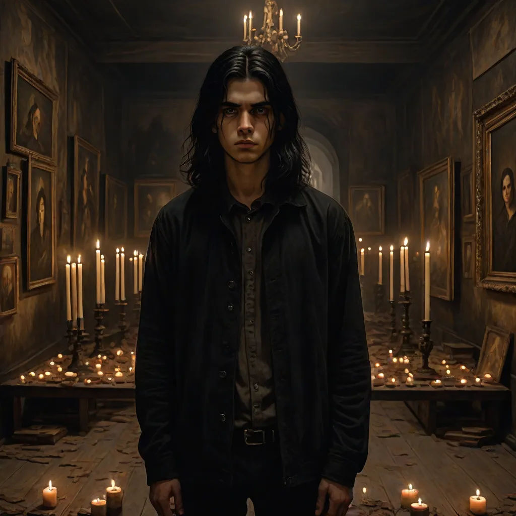 a man standing in a room with candles in it and a chandelier above him with a picture of a man in the background, poster art, Edward Simmons, gothic art, promotional image