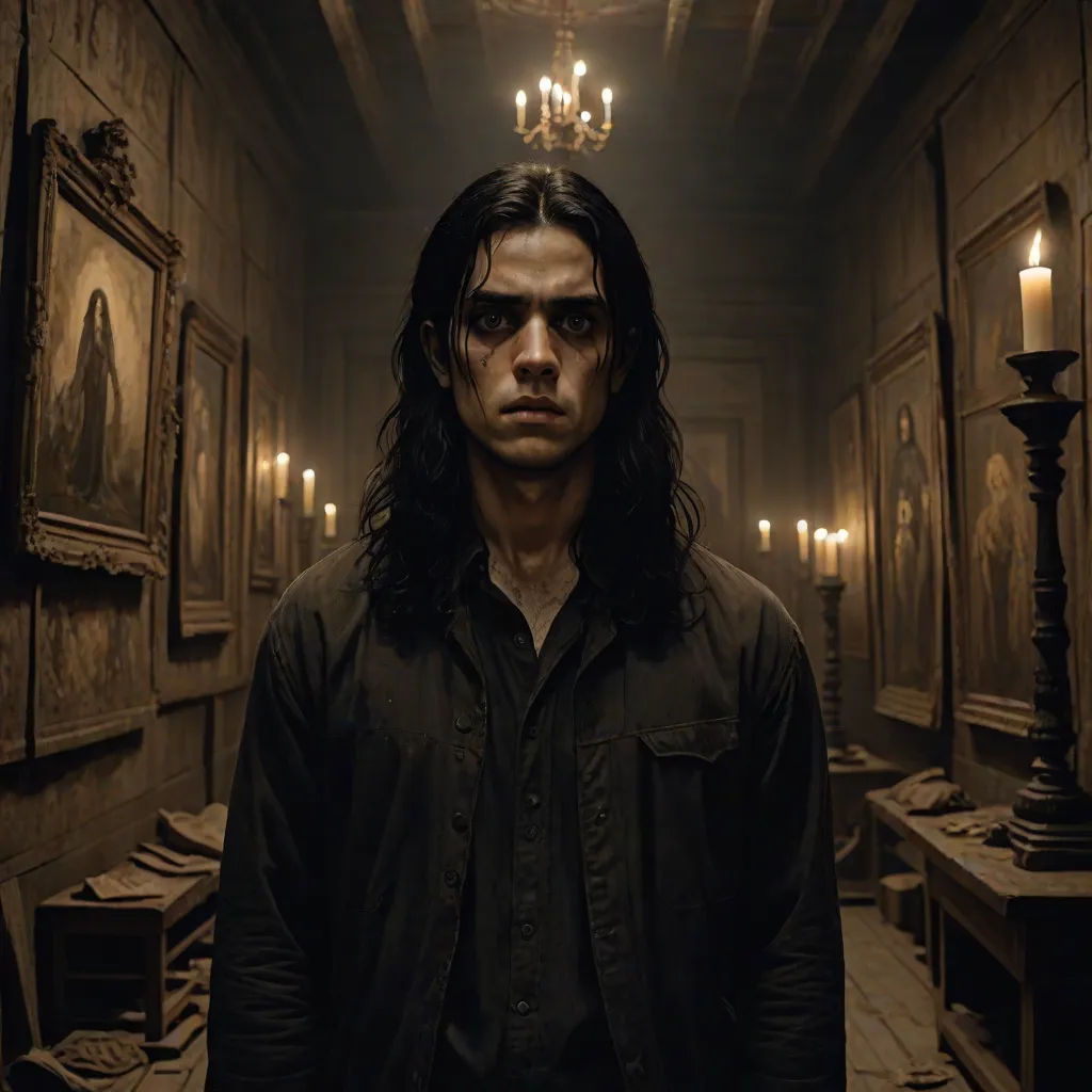 a man with long hair and glasses standing in a room with candles on the wall and paintings on the wall, a character portrait, Daryush Shokof, gothic art, promotional image