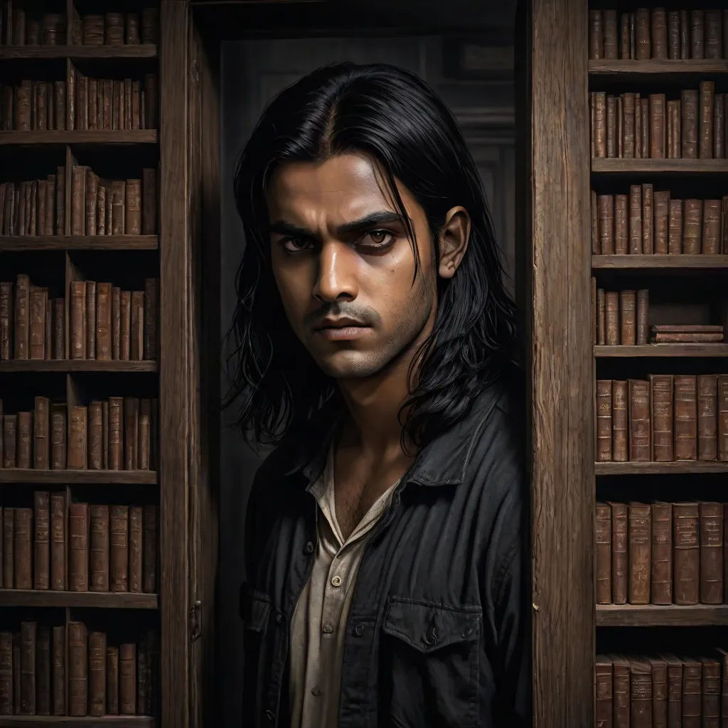 a man with long hair standing in a doorway in a library with bookshelves behind him and looking at the camera, a character portrait, Derek Chittock, fantastic realism, promotional image
