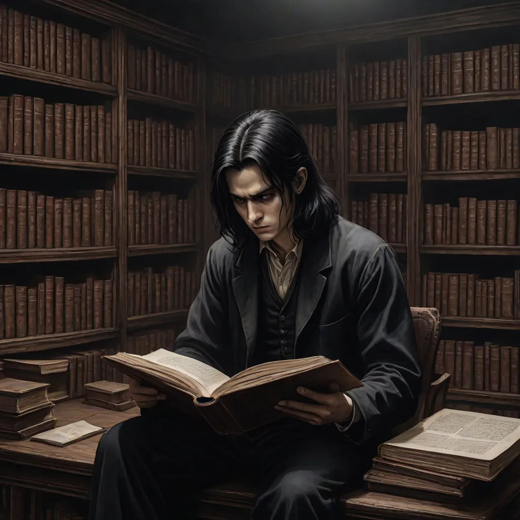 a man sitting in a library reading a book with a lot of books on the shelves behind him and a light shining on him, a character portrait, Cedric Seaut (Keos Masons), gothic art, magic the gathering artwork