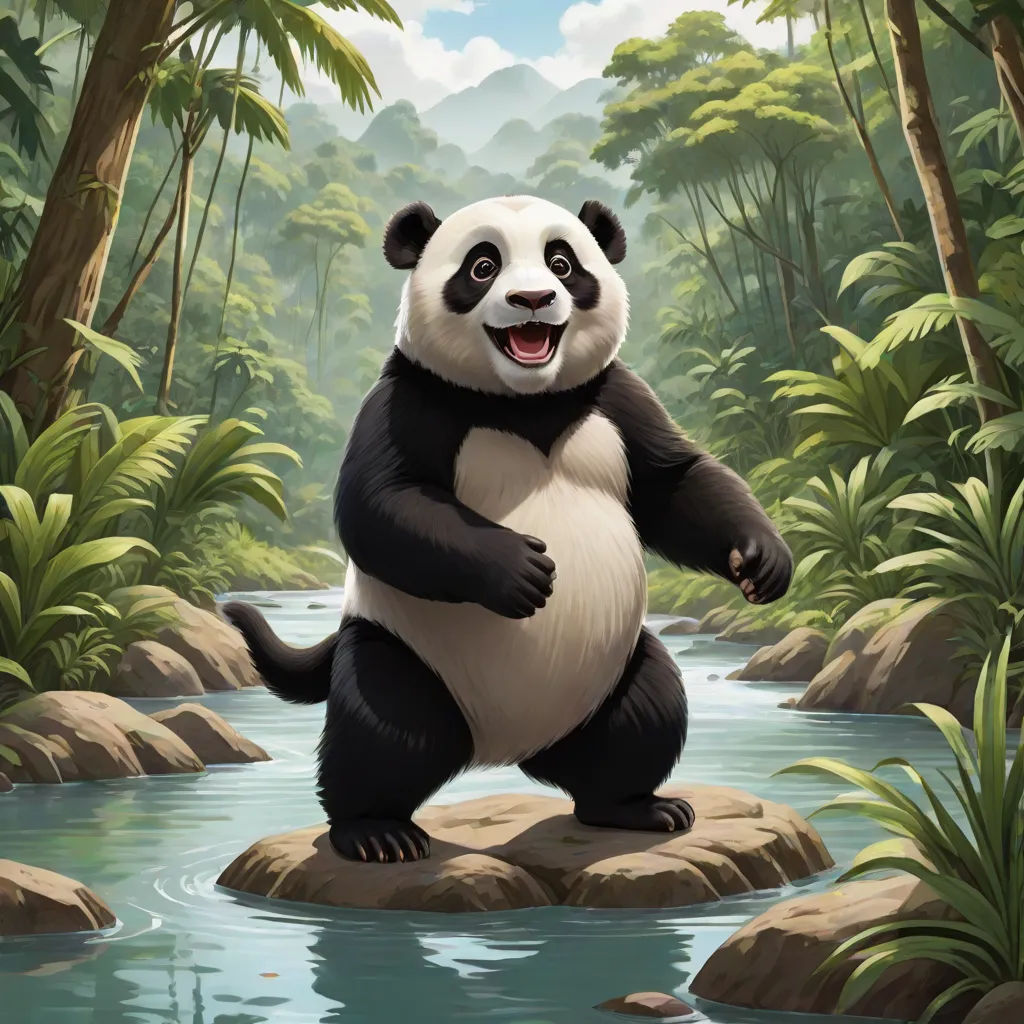 a panda standing on a rock in a river surrounded by trees and rocks with a sky background and a stream running through it, a digital painting, Chris LaBrooy, sots art, magic the gathering artwork