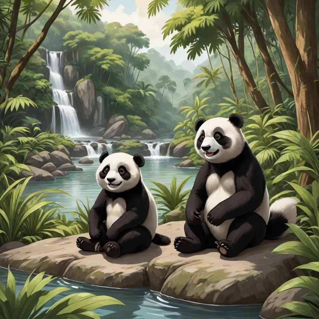 two pandas sitting on a rock in front of a waterfall and a waterfall with a waterfall in the background, an oil painting, Chris LaBrooy, fantasy art, highly detailed digital painting
