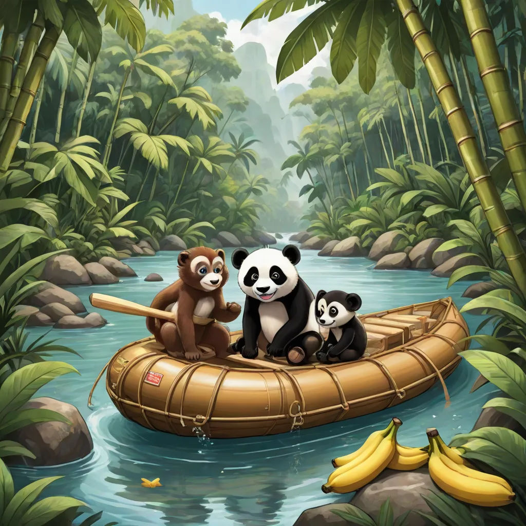 a panda and two other animals are on a raft in a river surrounded by trees and bananas, with a river running through the jungle, a storybook illustration, Chris LaBrooy, naive art, highly detailed digital painting