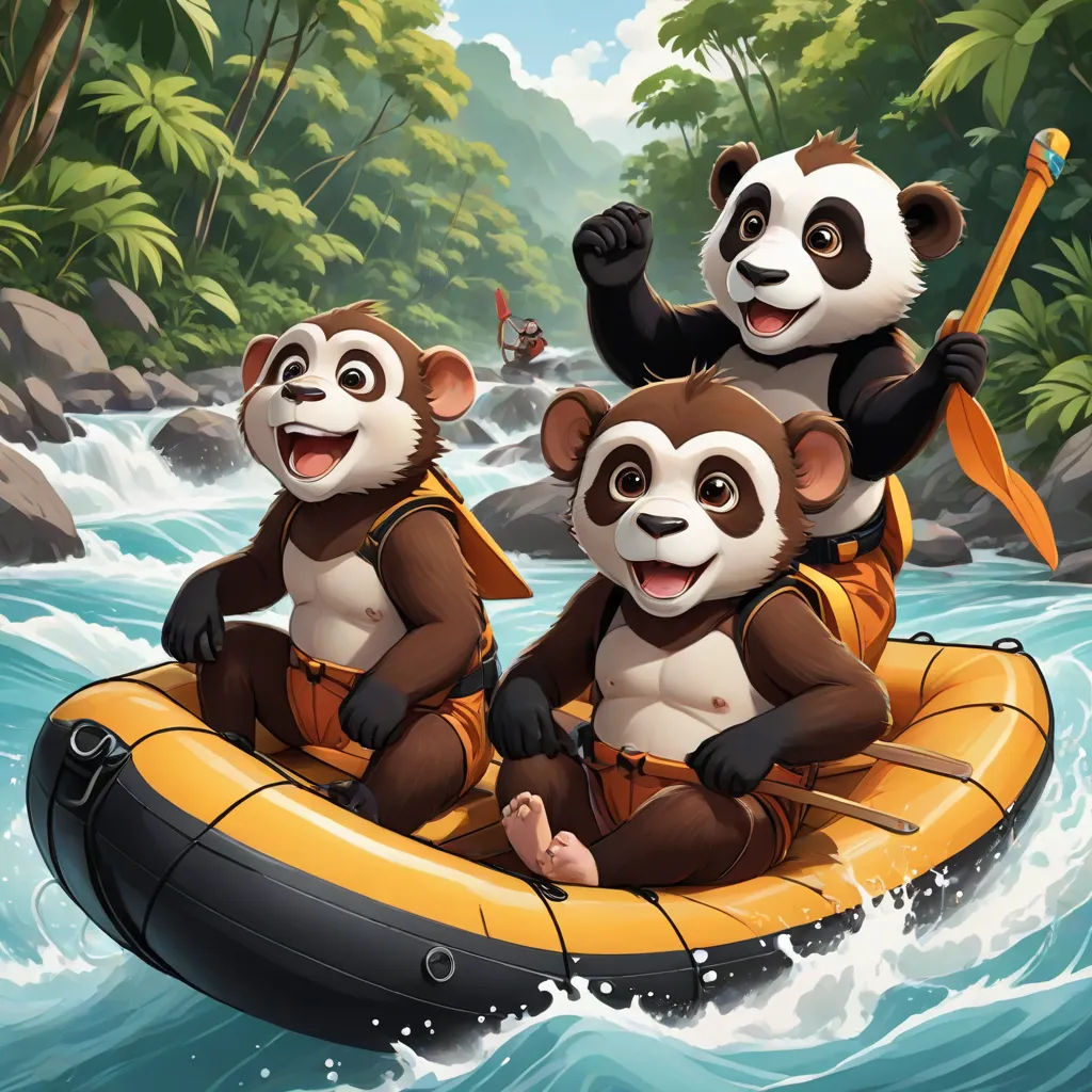 two pandas are rafting in a river together with a paddle boat and a raft boat in the foreground, concept art, Chris Rallis, sots art, official art