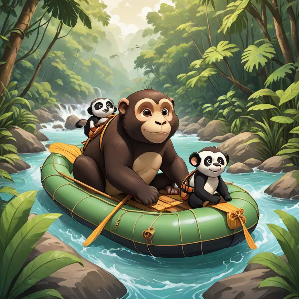 a monkey and two pandas riding on a raft in the jungle with a river and rocks in the background, a storybook illustration, Chris LaBrooy, fantasy art, 2 d game art