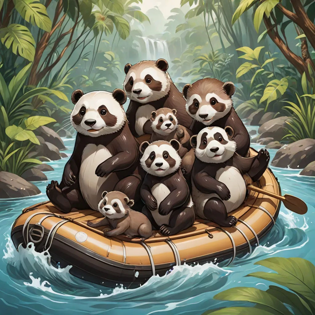 a group of pandas are sitting on a raft in the water with a waterfall in the background and a waterfall in the foreground, a storybook illustration, Chris LaBrooy, furry art, league of legends splash art