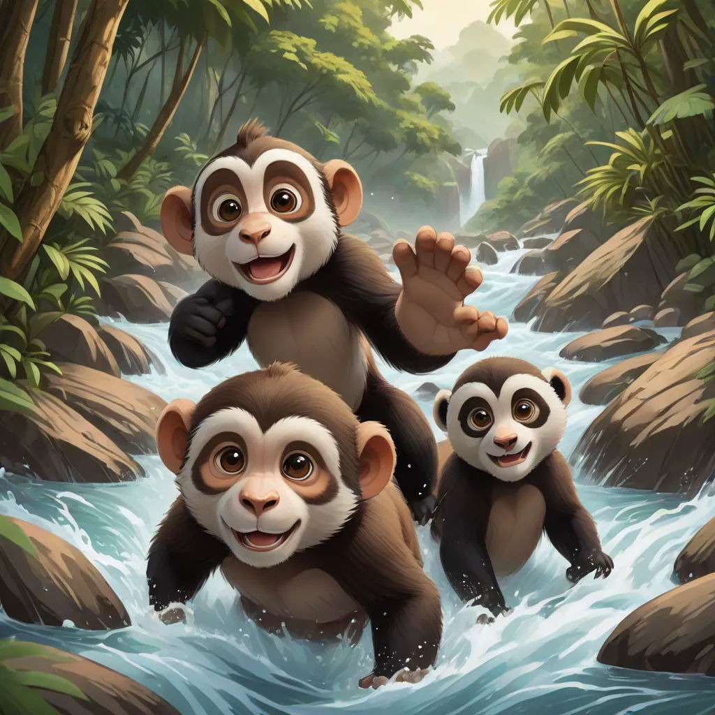 a group of monkeys standing on top of a river next to a forest filled with trees and rocks with a waterfall, concept art, Chen Chi, sots art, official art
