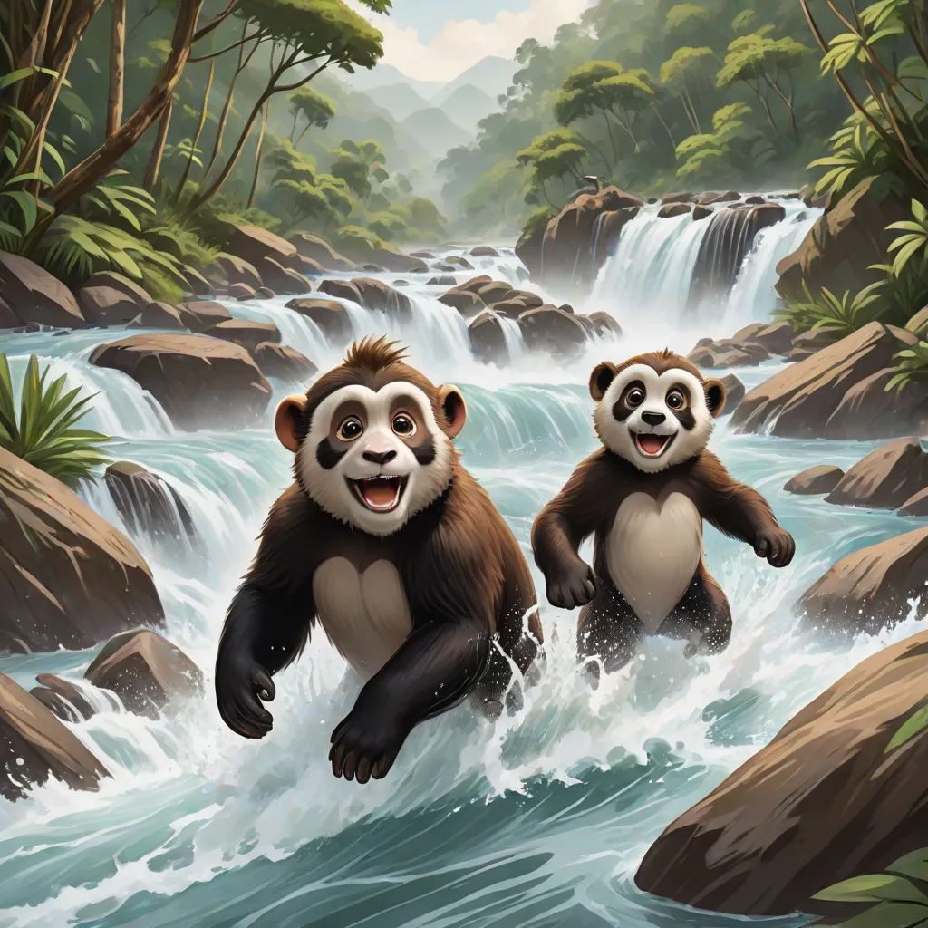 two panda bears are running through a river together, with a waterfall in the background and trees and rocks, concept art, Chris LaBrooy, fantasy art, magic the gathering artwork