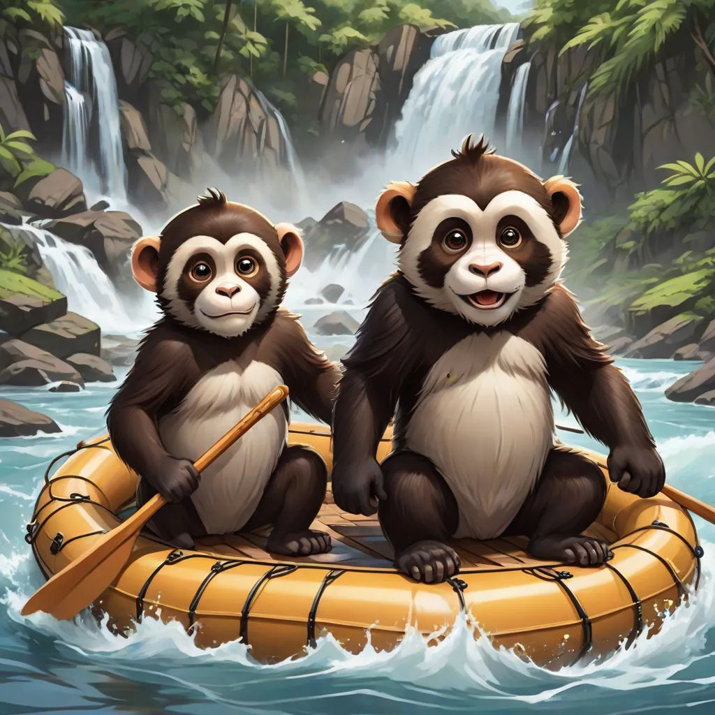 two monkeys are sitting on a raft in the water near a waterfall and a waterfall behind them is a waterfall, a detailed painting, Chris LaBrooy, sots art, splash art