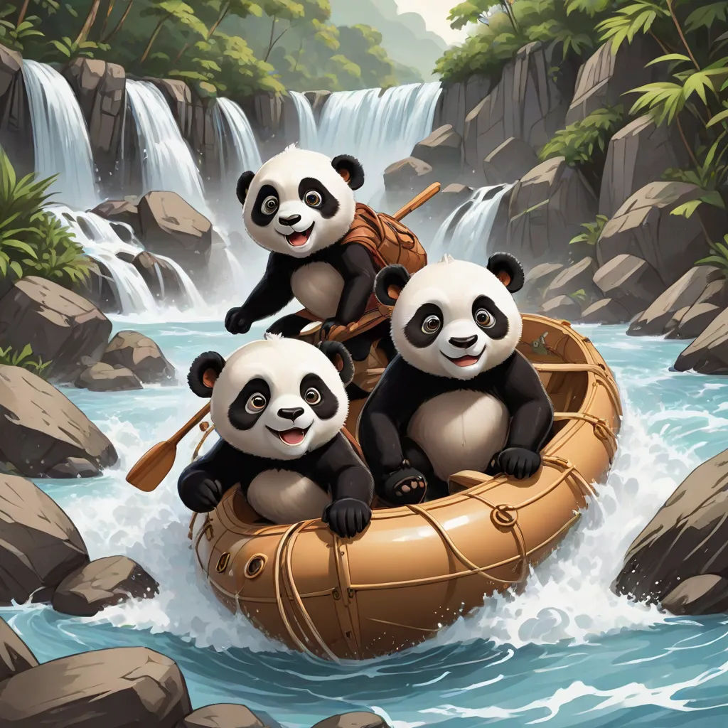 three pandas are riding on a raft in the water near a waterfall and rocks, and a waterfall is in the background, a detailed painting, Art of Brom, fantasy art, magic the gathering artwork