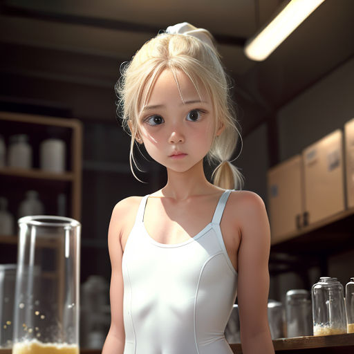 a girl in a white dress standing in a room with a counter and shelves of jars and jars behind her