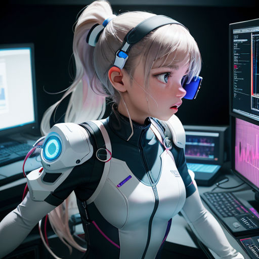a woman in a futuristic suit is looking at a computer screen with a sound wave on it and a laptop