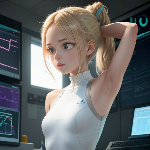 a woman in a white top is standing in front of a computer screen and a monitor screen with a graph on it
