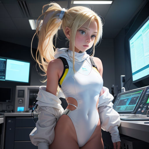 a woman in a white bodysuit standing in front of a computer desk with a monitor and keyboard on it