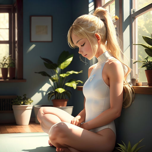 a woman sitting on the floor in a room with potted plants and a window behind her, looking down