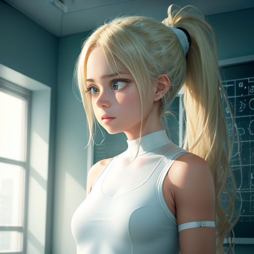a woman with blonde hair and a ponytail in a white top is standing in a room with a window