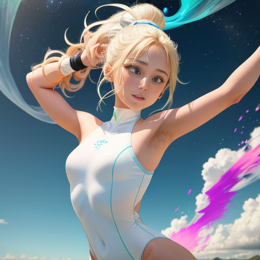 a woman in a white swimsuit holding a blue and pink object in her hand and a sky background