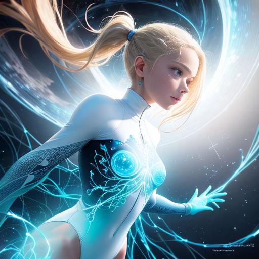 a woman in a futuristic body suit with a futuristic design on her chest and arms outstretched, with a blue light shining through her body