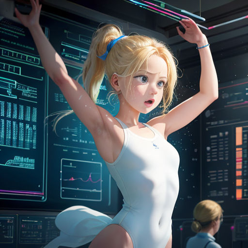 a woman in a white dress is dancing in a futuristic setting with a man in the background and a woman in a white dress is holding a microphone