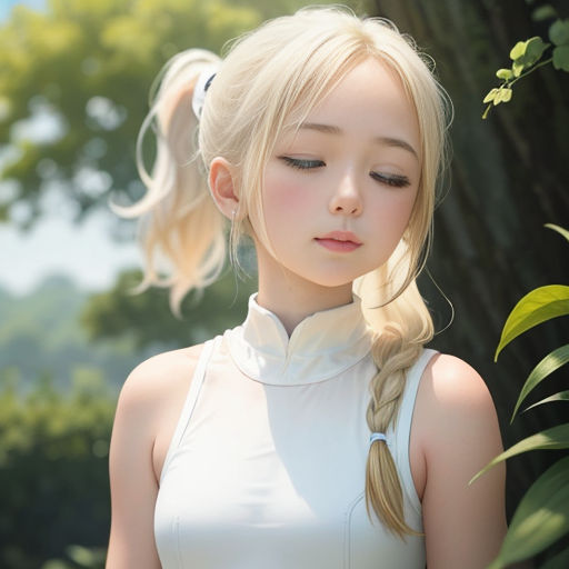 a woman with blonde hair wearing a white dress and a ponytail with a ponytail in her hair, standing in front of a tree