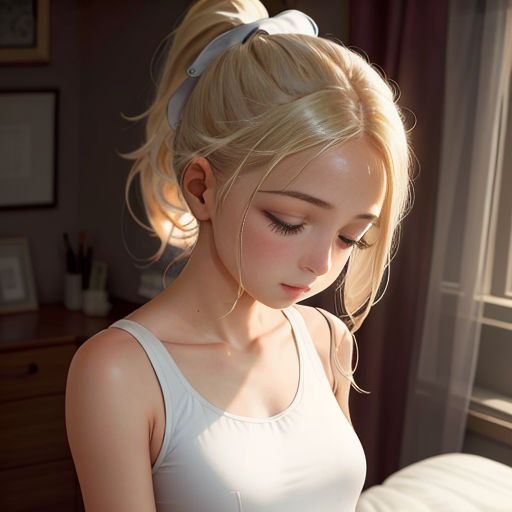 a woman with a ponytail is looking down at her cell phone while wearing a white tank top and a ponytail