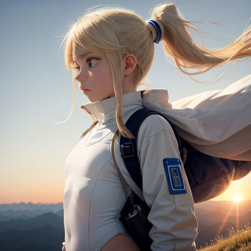a woman with a ponytail is standing on a hill with a backpack on her back and a sun in the background