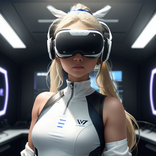 a woman wearing a virtual reality headset in a room with a computer screen and a keyboard in the background