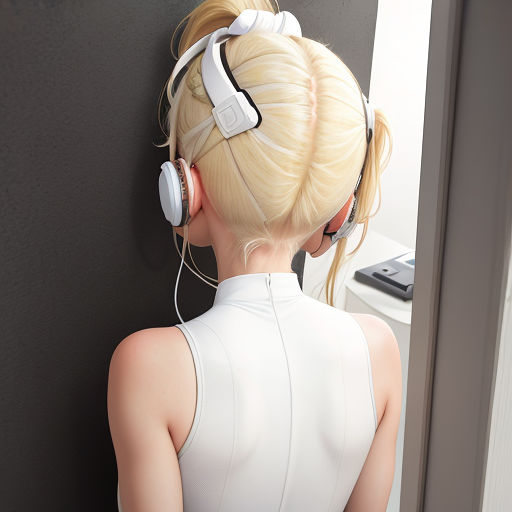 a woman with headphones on looking at a wall with a keyboard in the background and a keyboard on the wall