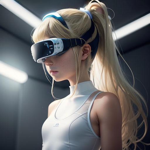 a woman with a virtual reality headset in a room with lights on the ceiling and a cell phone in her hand
