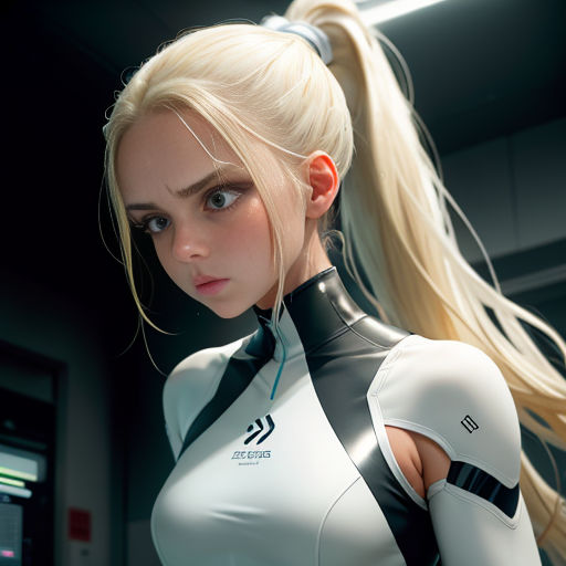 a woman in a white and black outfit with a ponytail and ponytail in a sci - fi fi fi fi