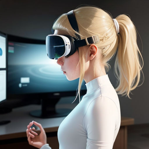 a woman wearing a virtual reality headset in front of a computer screen with a monitor in the background