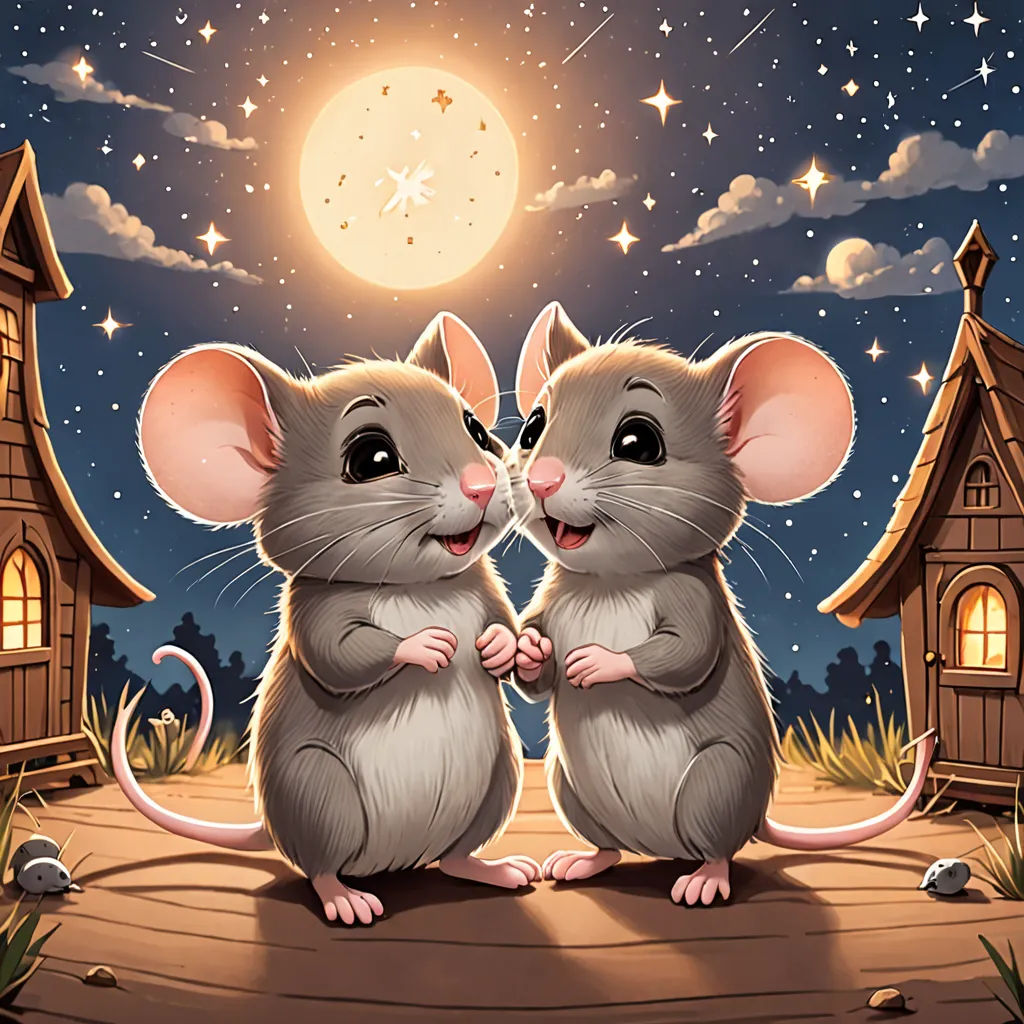 two mice are standing in front of a house at night with a full moon in the background and stars in the sky, space art, a storybook illustration, Art Spiegelman, storybook illustration