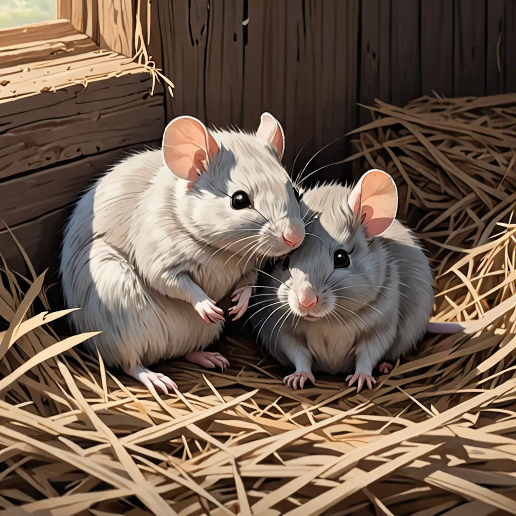 two white mice sitting in a nest of straw next to a window with a wooden frame behind them and a window behind them, furry art, a detailed painting, Brian and Wendy Froud, trending on art station