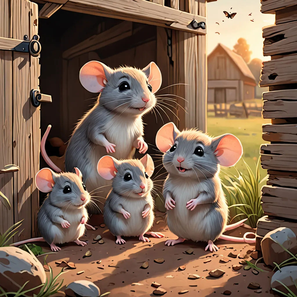 a group of mice sitting in front of a barn door with a barn in the background and a barn in the background, sots art, a storybook illustration, Chris LaBrooy, kinkade