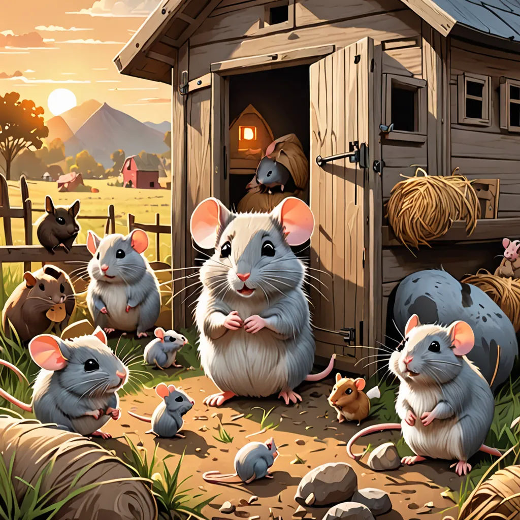 a group of mice sitting in front of a small house with hay bales on the ground and a barn in the background, furry art, a storybook illustration, Chris LaBrooy, dan mumford. octane render