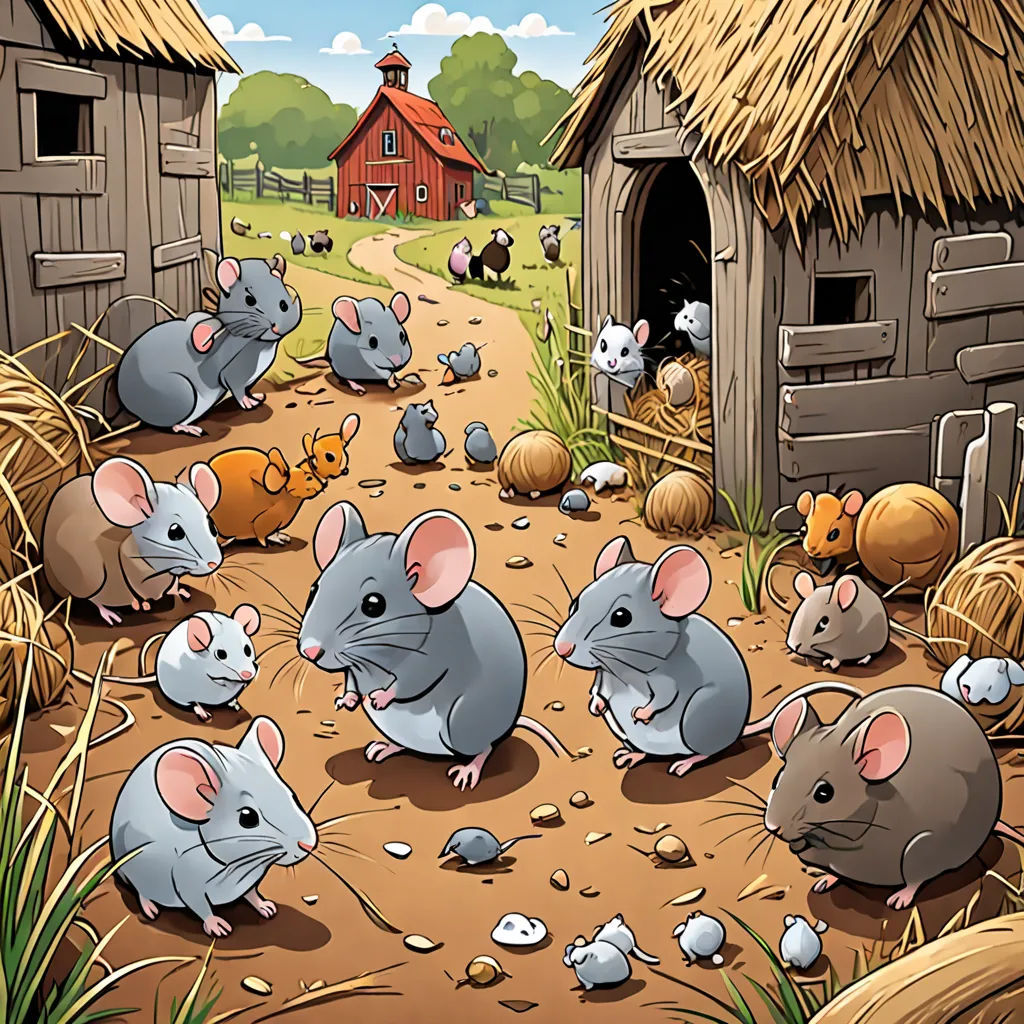 a group of mice in a farm yard with a barn in the background and a red barn in the background, furry art, a storybook illustration, Art Spiegelman, storybook illustration