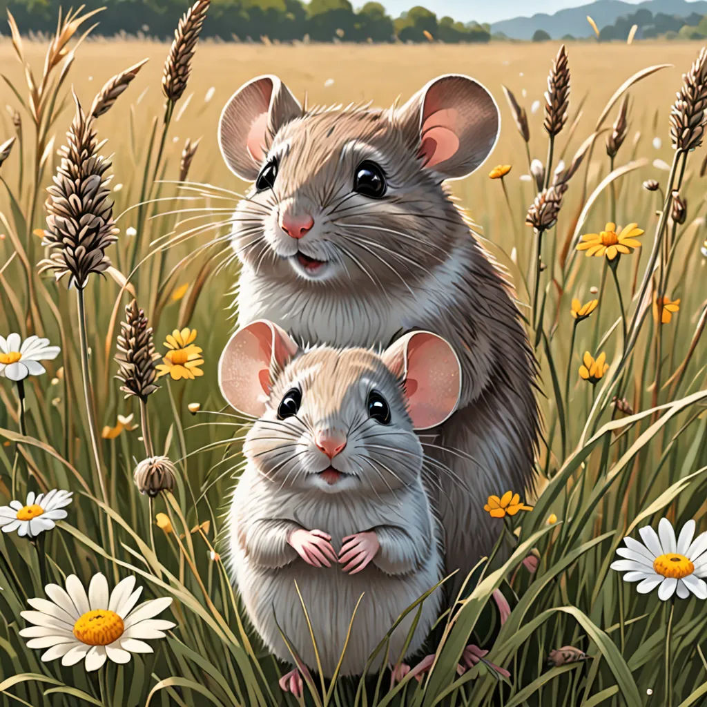 a painting of two mice in a field of flowers and grass with a sky background and a field of yellow daisies, furry art, a storybook illustration, Brian and Wendy Froud, storybook illustration