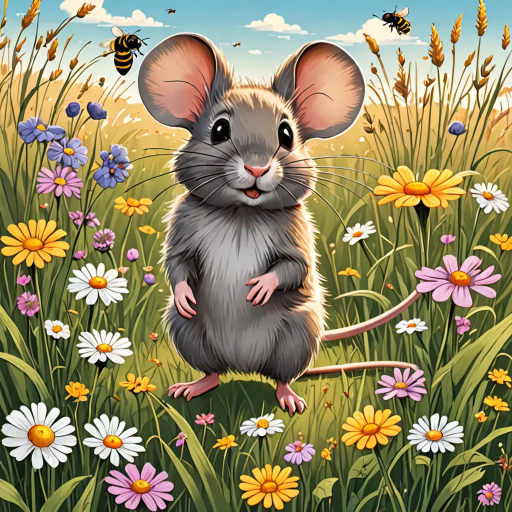 a mouse sitting in a field of flowers and daisies with a bee flying above it in the background, furry art, a storybook illustration, Chris LaBrooy, highly detailed digital art