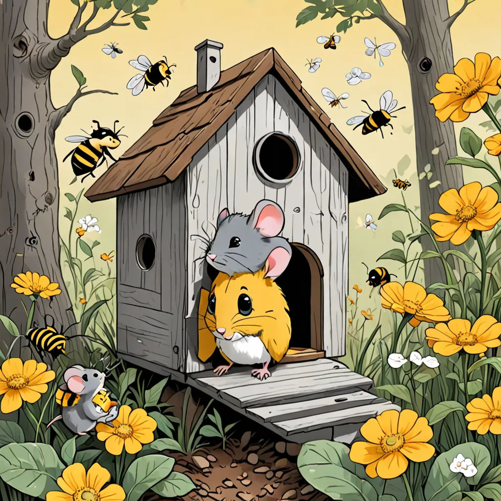 a mouse and a mouse in a birdhouse surrounded by flowers and bees, with a beehive in the background, pop surrealism, a storybook illustration, Chris LaBrooy, storybook illustration