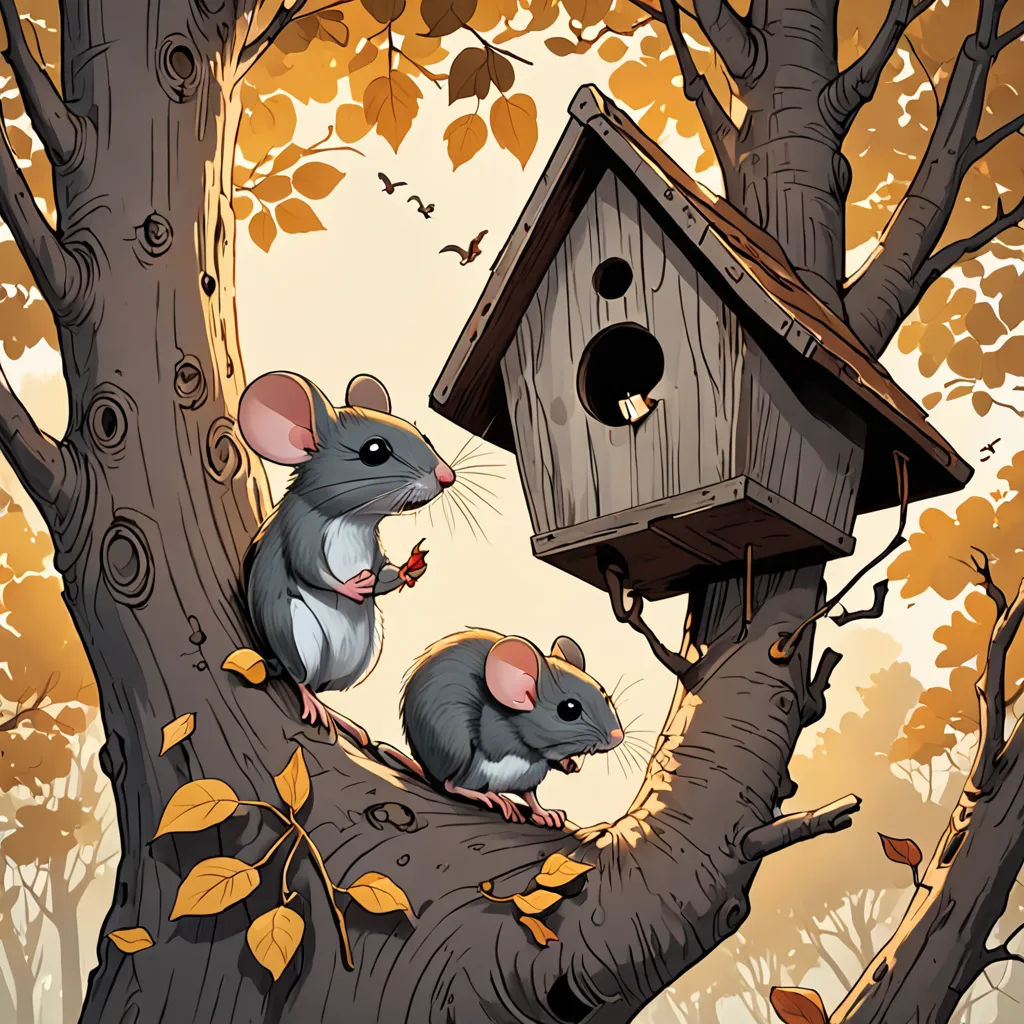 two mice are sitting on a tree branch next to a birdhouse that is hanging from a tree branch, fantasy art, a storybook illustration, Chris LaBrooy, storybook illustration