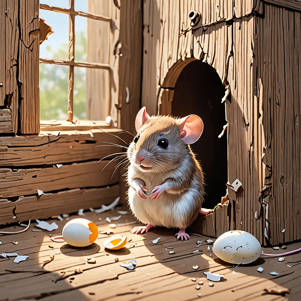 a mouse sitting in a wooden house with an egg in front of it and a broken egg in the background, photorealism, a storybook illustration, Chris LaBrooy, storybook illustration