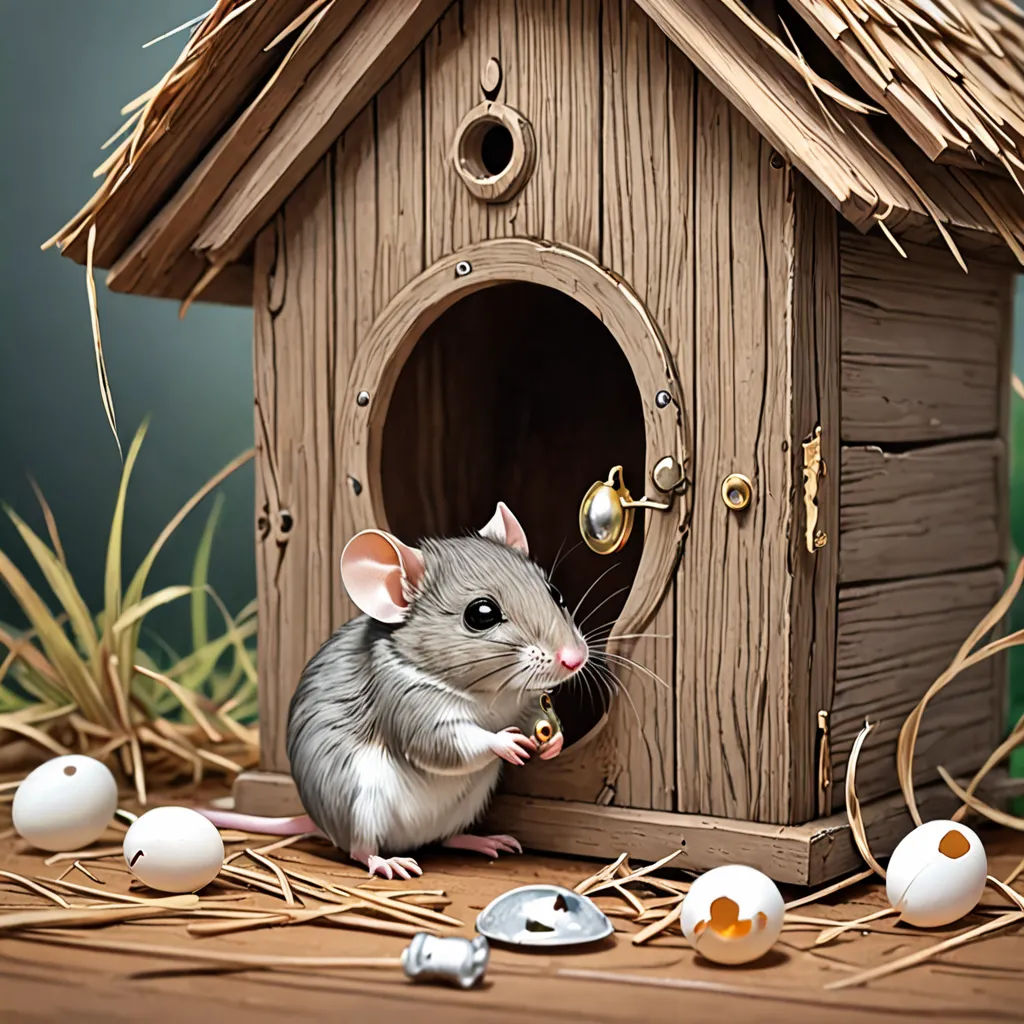 a mouse is sitting in a birdhouse with eggs around it and a bird on the ground next to it, art photography, a storybook illustration, Beatrix Potter, highly detailed digital painting